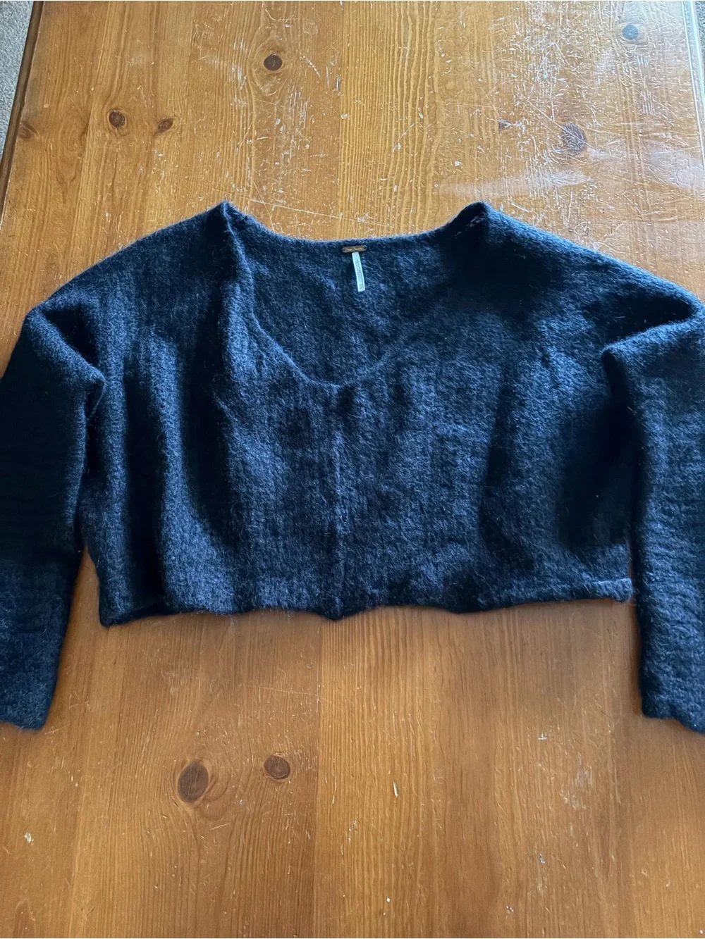Free People Black V-Neck Fuzzy Knit Sweater Size XS